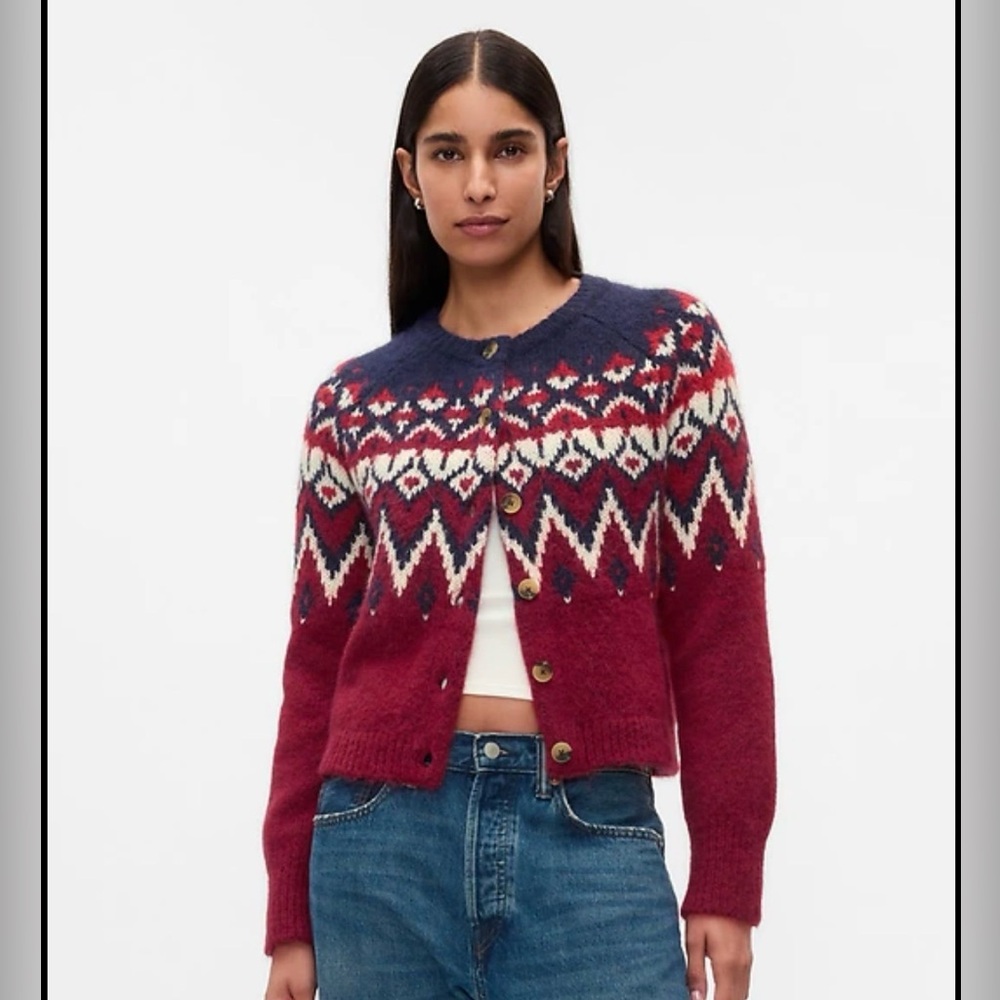 GAP Red Navy Fair Isle Wool Cardigan - Picture 2 of 8